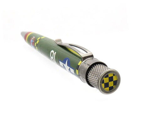 Retro 51 Tornado Vintage Metalsmith P-47 Thunderbolt rollerball pen with metal body and detailed design, displayed on white background.