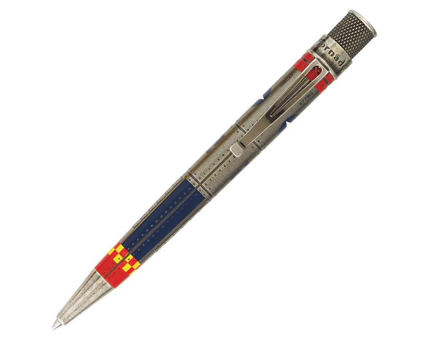 Retro 51 Tornado Vintage Metalsmith rollerball pen featuring P-51 Mustang aircraft design and metallic finish.