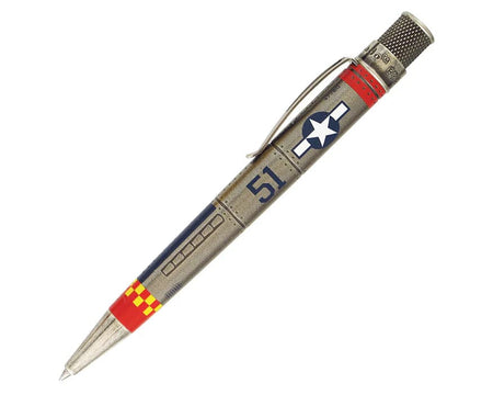 Retro 51 Tornado Vintage Metalsmith rollerball pen with P51 Mustang design, featuring a sleek metal finish and detailed craftsmanship.