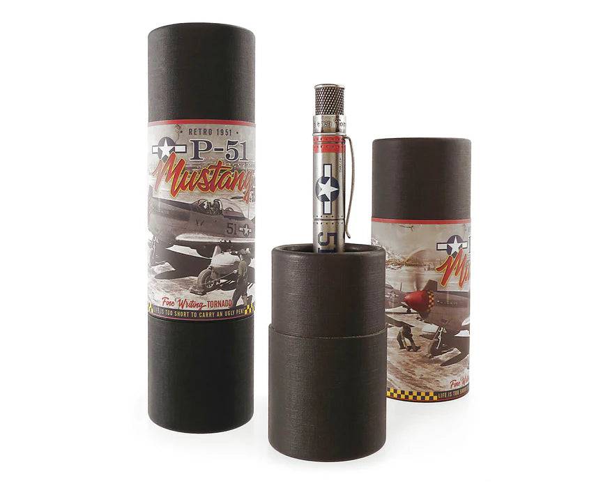 Retro 51 Tornado Vintage Metalsmith P51 Mustang rollerball pen with metallic finish and detailed design.