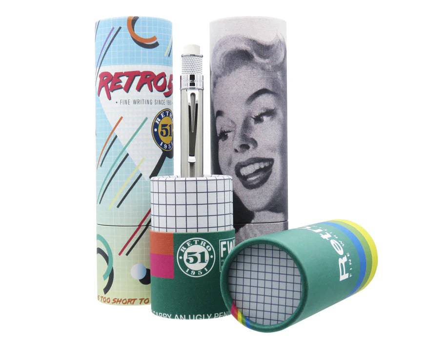 Retro 51 Tornado Vintage Metalsmith stainless rollerball pen with sleek metallic finish and classic design.