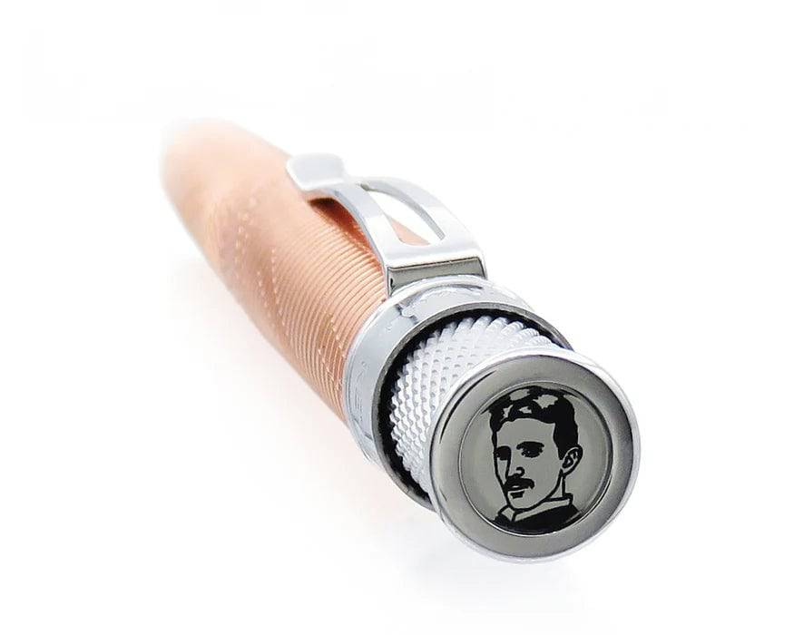 Retro 51 Tornado Vintage Metalsmith Tesla rollerball pen with metallic finish, detailed design, and sleek writing tip.