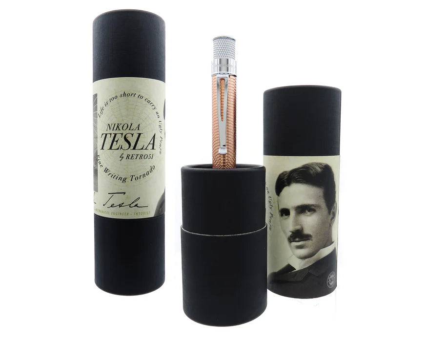 Retro 51 Tornado Vintage Metalsmith Tesla rollerball pen with metallic finish and sleek design, close-up of the pen's body and clip.