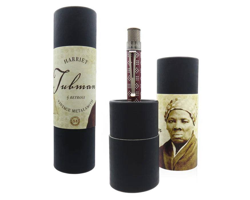 Retro 51 Tornado Vintage Metalsmith Tubman rollerball pen with metal body and vintage design, displayed on a white background.