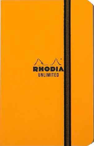 Black Rhodia Unlimited Pocket Notebook open to lined pages, compact and portable for on-the-go note-taking.