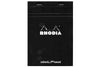 Rhodia staplebound notepad with blank pages, compact design, and sleek black cover for jotting down notes and sketches.
