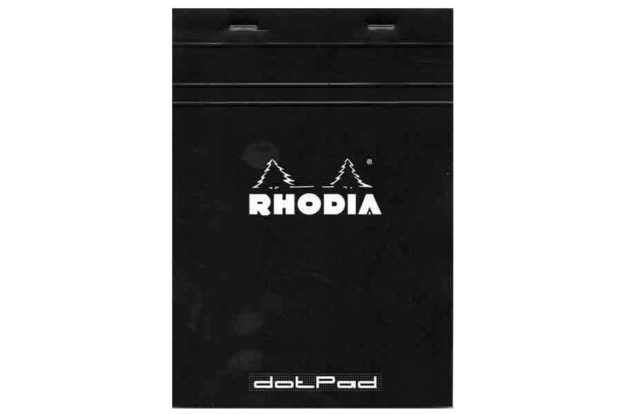 Rhodia staplebound notepad with blank pages, compact design, and sleek black cover for jotting down notes and sketches.