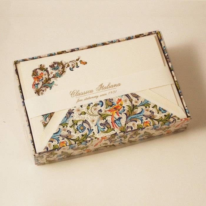 Set of Rossi Bird Florentine Classico notecards featuring elegant bird and floral designs, perfect for stationery and correspondence.