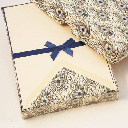 Rossi peacock notecards featuring elegant stationery with peacock feather designs on high-quality paper.