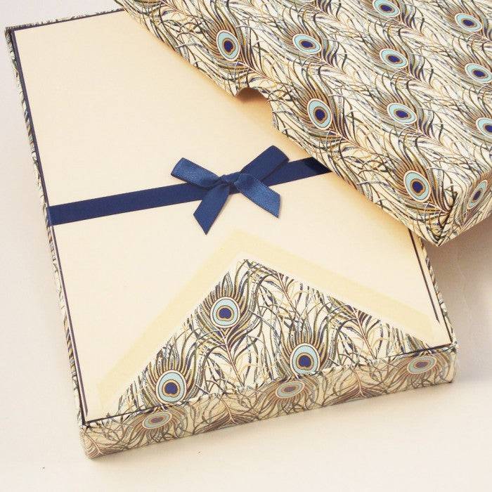 Rossi peacock notecards featuring elegant stationery with peacock feather designs on high-quality paper.