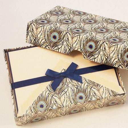 Rossi peacock notecards featuring vibrant peacock feather designs, perfect for elegant stationery and handwritten notes.