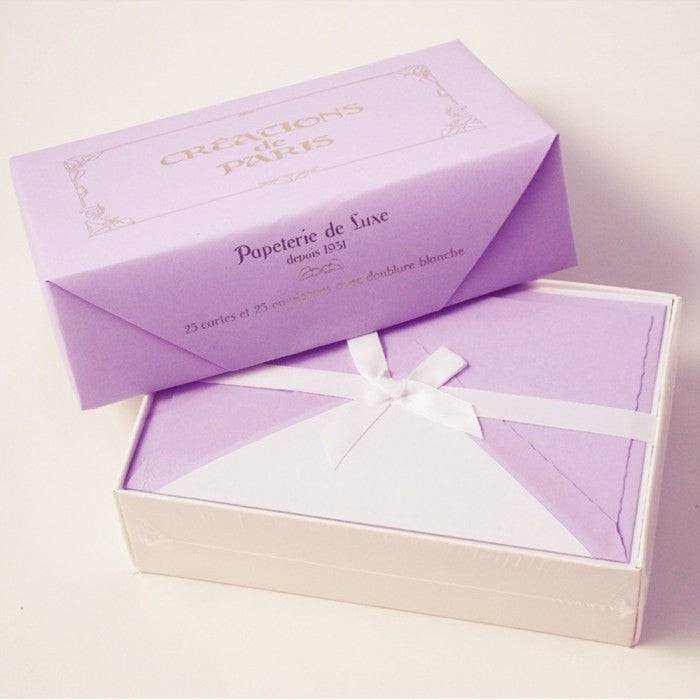 Purple Rossi flat deckled edge stationery set with lined envelopes featuring elegant cards and matching envelopes.