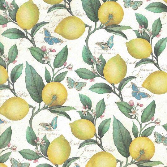 Rossi wrapping paper featuring a lemon and butterfly pattern with bright yellow and colorful illustrations on a white background.