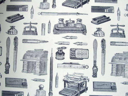 Rossi wrapping paper with writing instruments pattern, featuring colorful pens and pencils on a white background.