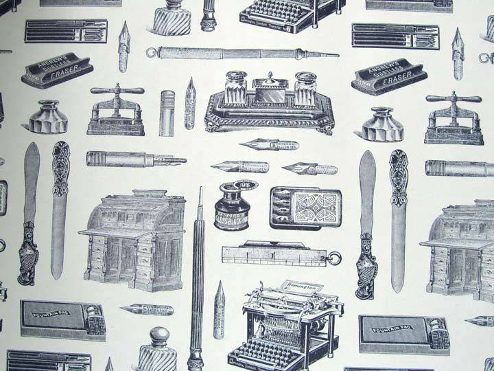 Rossi wrapping paper with writing instruments pattern, featuring colorful pens and pencils on a white background.