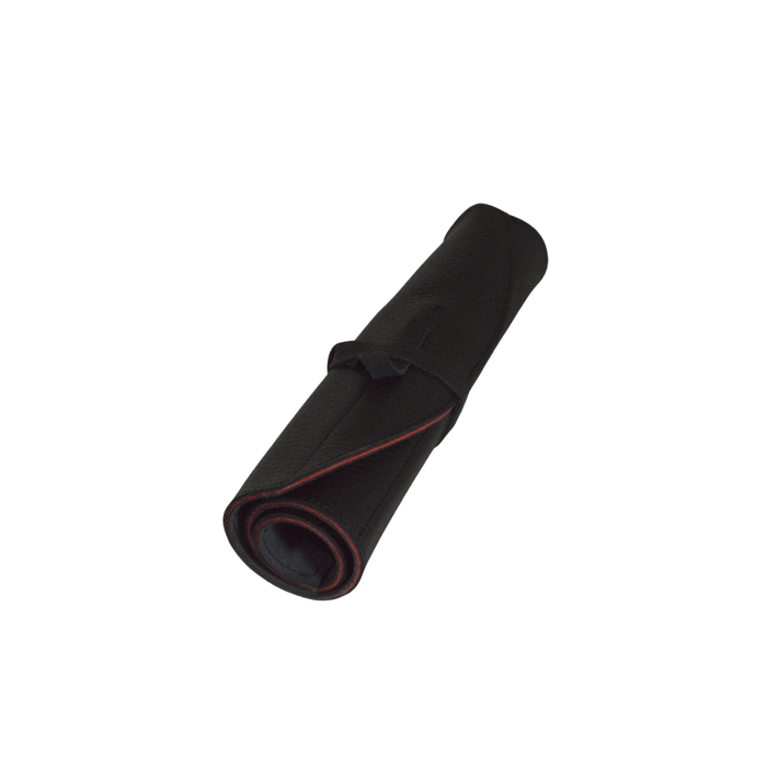 Black leather pen case by San Lorenzo featuring a stylish brush roll design for storing writing instruments and art tools.