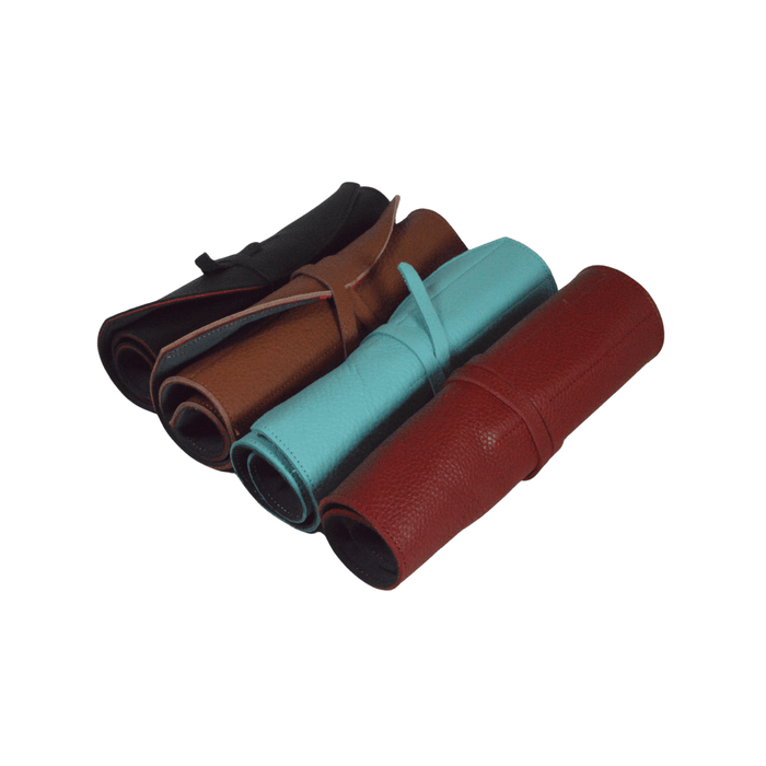 San Lorenzo leather pen case with brush roll, black leather with multiple compartments for pens and brushes.