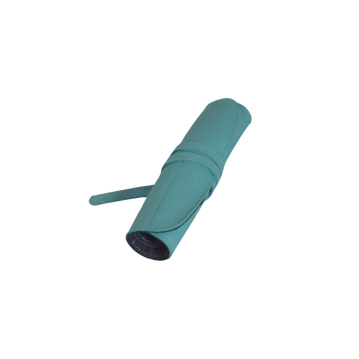 Black leather pen case by San Lorenzo, sleek and compact pen roll for storing and protecting writing instruments.
