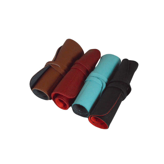 Black leather pen roll by San Lorenzo, stylish pen case with multiple slots for writing instruments and elegant craftsmanship.