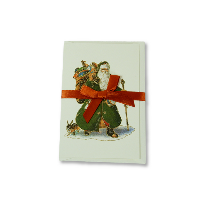 Rossi Christmas card featuring Santa Claus in a green design with festive holiday imagery and decorative elements.