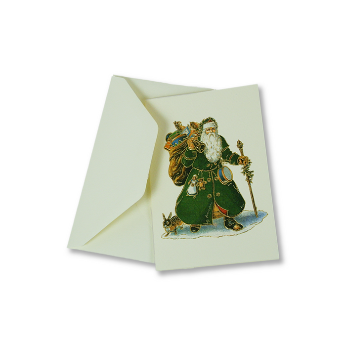 Green Christmas card featuring Santa Claus design by Rossi, with festive holiday illustrations on the front.
