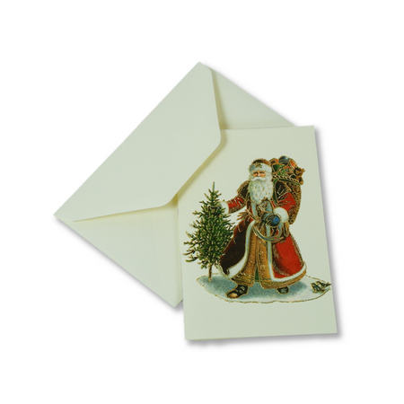 Red Christmas card featuring Santa Claus illustration by Rossi, perfect for holiday greeting messages.