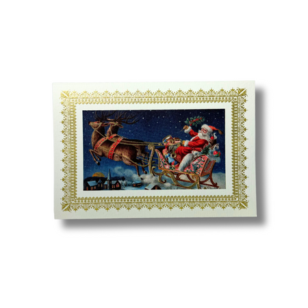 Rossi Christmas Card featuring a festive Santa's sleigh with reindeer flying through a snowy night sky.