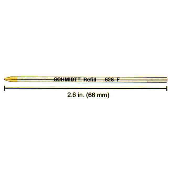 Schmidt D size small black ballpoint pen refill showing the refill tip and packaging for smooth writing.