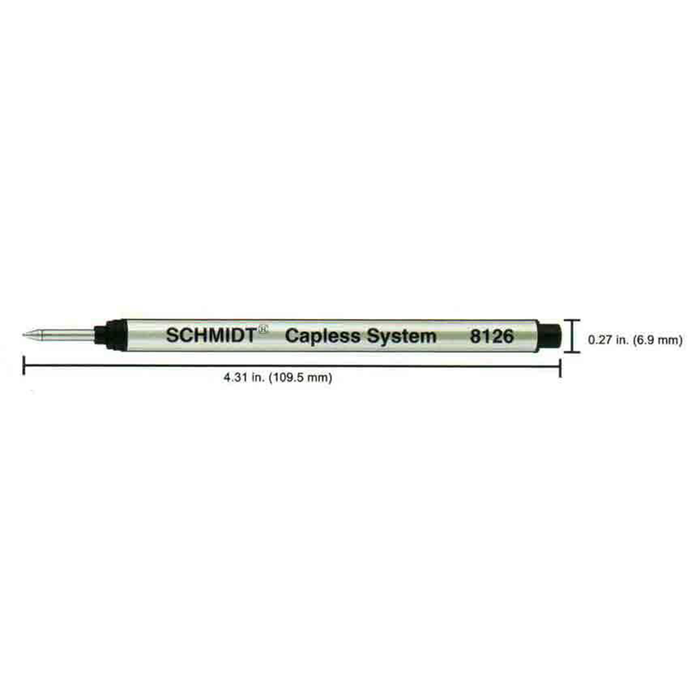 Schmidt black long rollerball refill for rollerball pens, featuring fine ink tip and smooth writing quality.