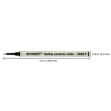 Schmidt standard metal capsule rollerball refill with black ink and fine tip, designed for use with compatible rollerball pens.