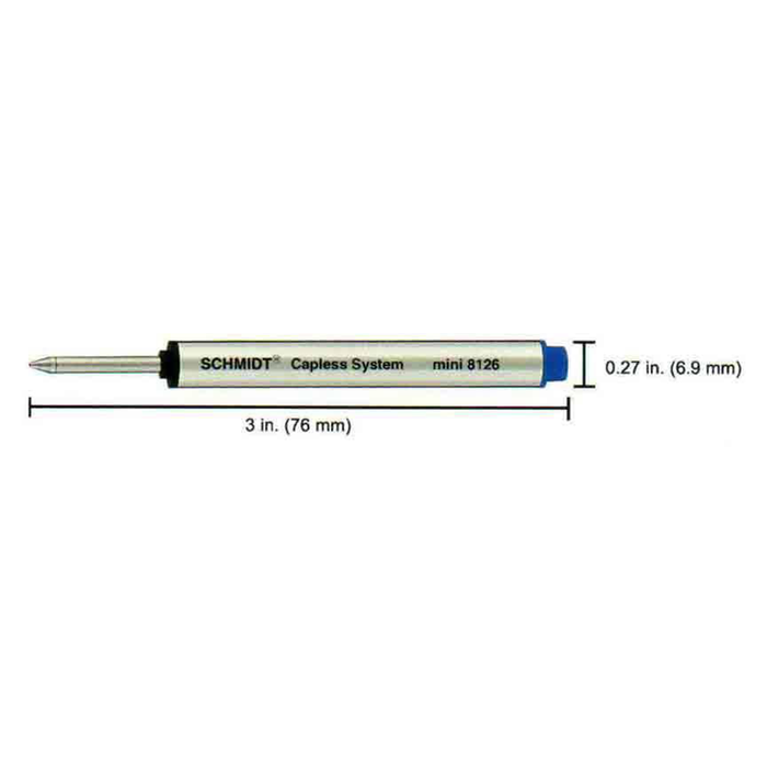 Schmidt short black rollerball refill for rollerball pens, showcasing the refill cartridge with a smooth metal tip.
