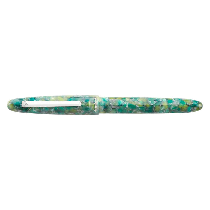 Esterbrook Estie fountain pen with silver fittings, closed with sleek silver body and cap showing elegant design.