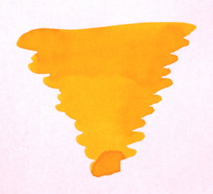 Bottle of Diamine Sunshine Yellow fountain pen ink with vibrant yellow ink visible inside the clear glass container.