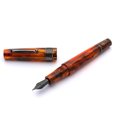 Uncapped Leonardo Supernova Caramel Fountain Pen with Ruthenium accents, showcasing its elegant design and caramel-colored barrel.