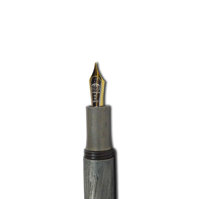 Taccia Miyabi Kaga 18K WinterEclipse limited edition fountain pen with intricate design and gold accents on a white background.