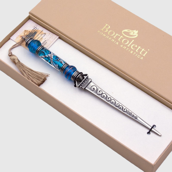 Bortoletti letter opener with elegant design, featuring a gold and silver finish, perfect for opening mail and documents.
