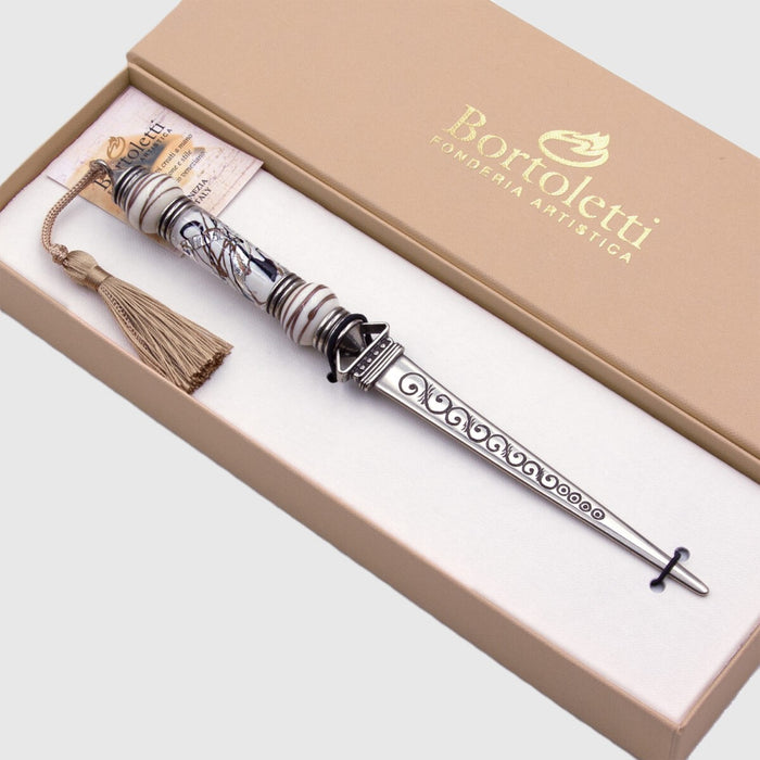 Bortoletti letter opener with ivory-colored tag, featuring a sleek design and the brand's elegant craftsmanship.