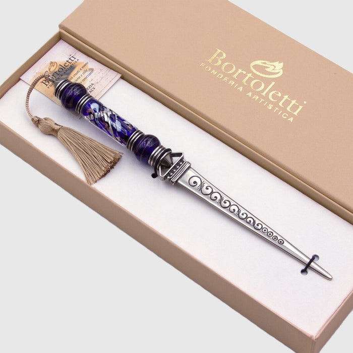 Bortoletti letter opener with blue handle and elegant design, perfect for opening mail and cutting paper efficiently.