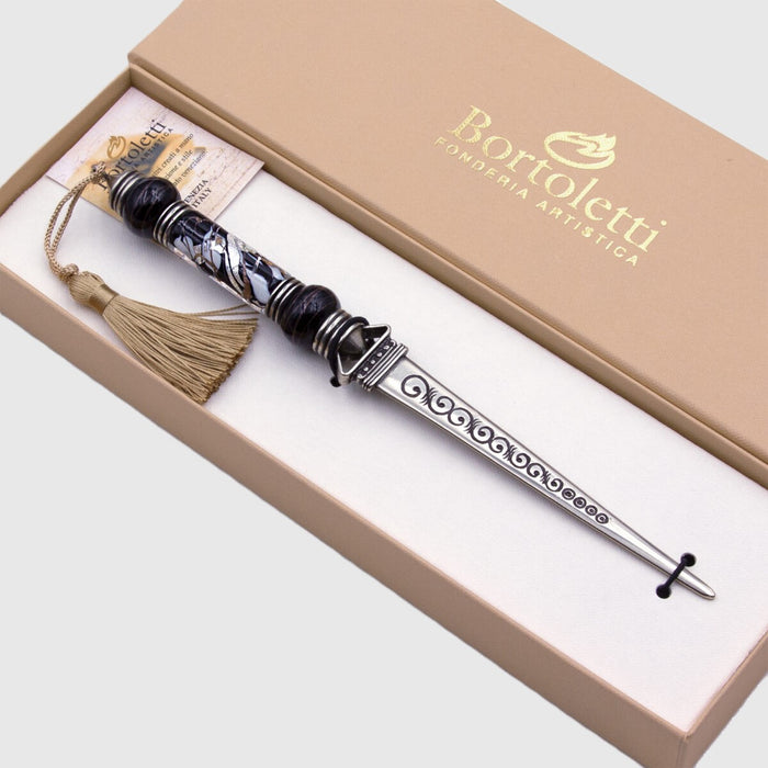 Bortoletti letter opener with black handle and elegant design, perfect for opening envelopes and adding a touch of sophistication.