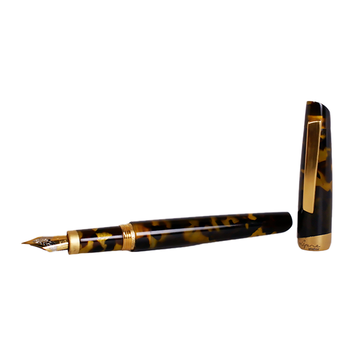 Jean-Pierre Lepine Yuzu fountain pen with tortoise-patterned resin body and gold accents, showcasing elegant craftsmanship.
