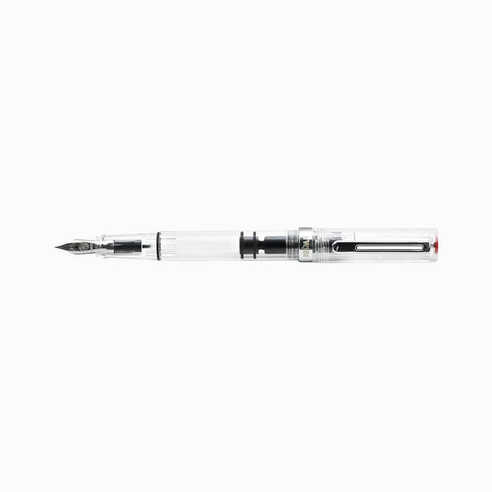 Twsbi Eco Clear fountain pen with an extra-fine steel nib, transparent body showcasing the internal ink reservoir.