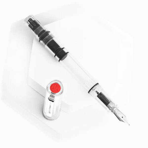 Twsbi Eco Clear fountain pen with an extra-fine steel nib, transparent body showing internal components, stylish writing instrument
