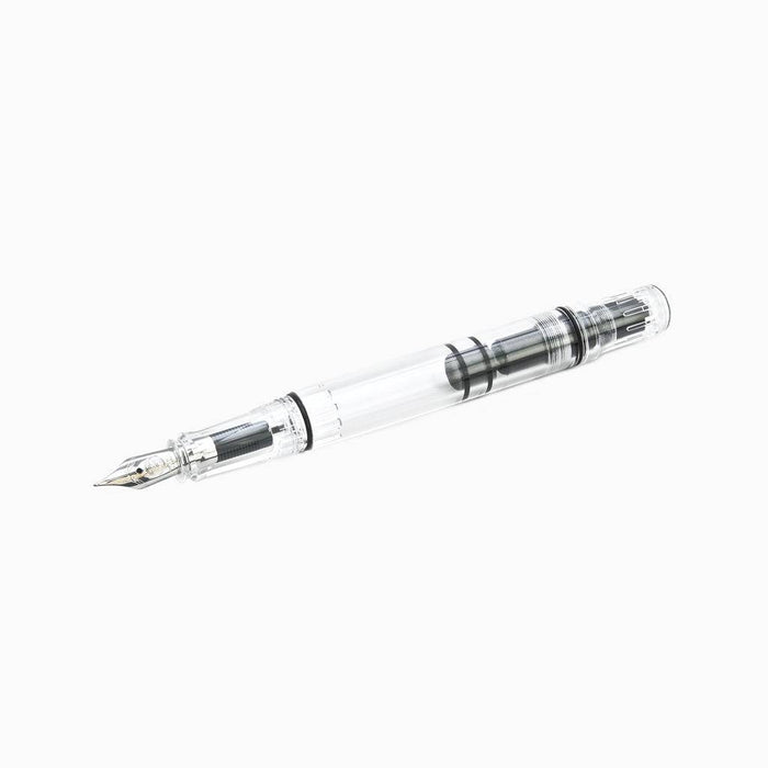 Twsbi Eco Clear fountain pen with extra-fine steel nib, transparent body showing internal components, sleek and modern design.
