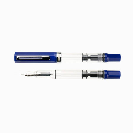 Twsbi Eco Dark Sapphire fountain pen with an extra-fine steel nib, featuring a sleek dark sapphire body and silver accents.