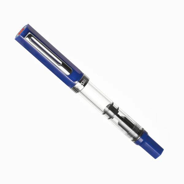 Twsbi Eco Dark Sapphire fountain pen with extra-fine steel nib, showcasing sleek blue design and smooth writing surface.