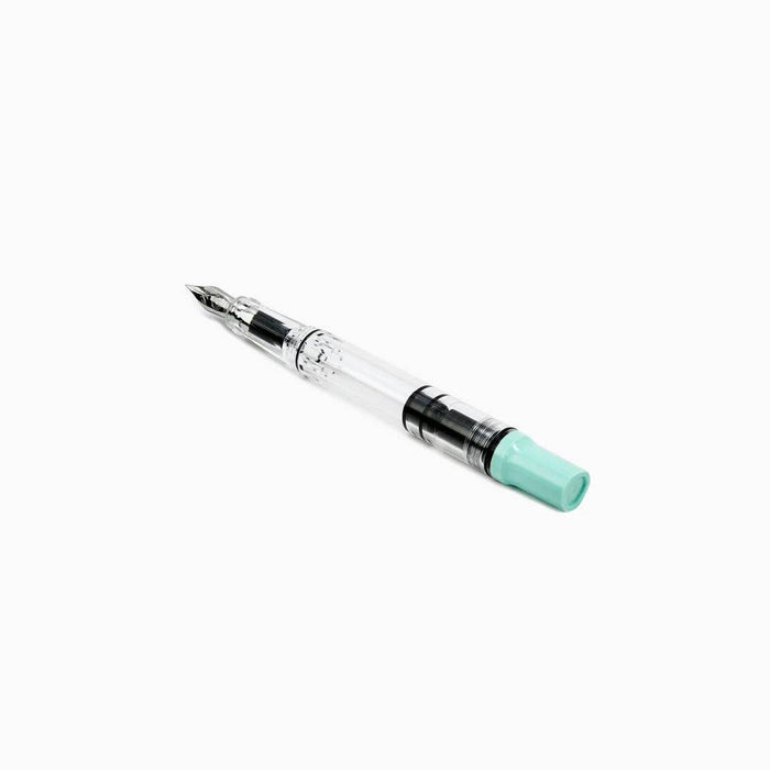 Twsbi Eco-T Mint Blue fountain pen with an extra-fine steel nib, featuring a sleek mint blue design and comfortable grip.