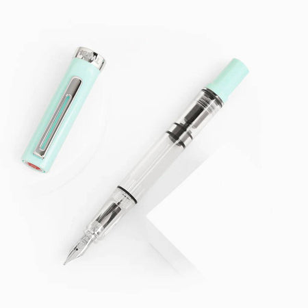 Twsbi Eco-T Mint Blue fountain pen with extra-fine steel nib, showcasing its sleek design and vibrant mint blue color.
