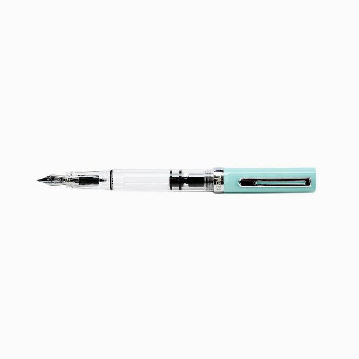 Twsbi Eco-T Mint Blue fountain pen with extra-fine steel nib, sleek design and vibrant mint blue color.