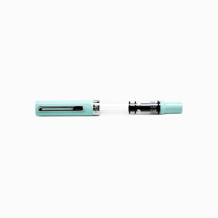 Twsbi Eco-T Mint Blue fountain pen with extra-fine steel nib, sleek design and vibrant mint blue color.