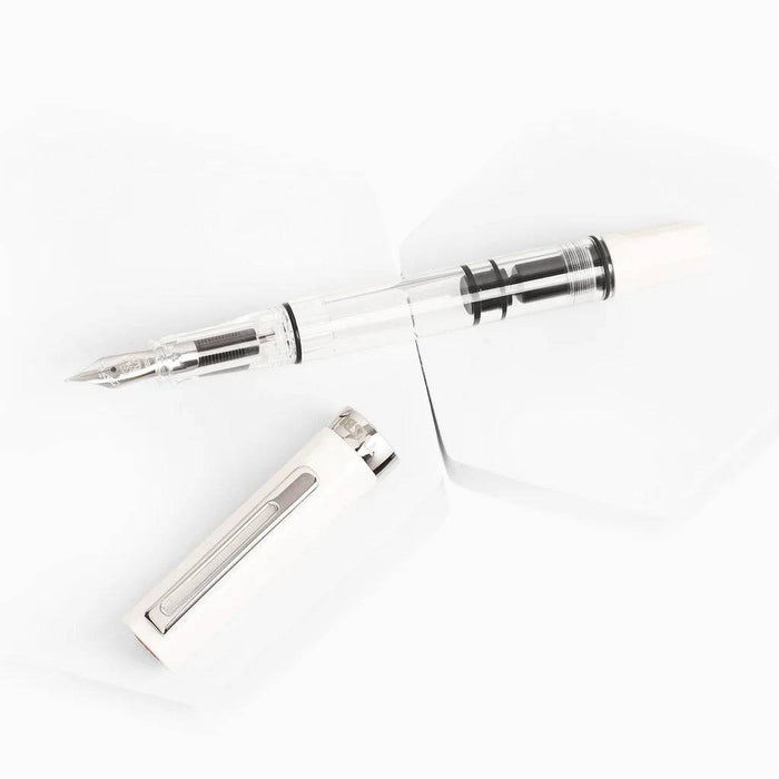 Twsbi Eco White fountain pen with extra-fine steel nib, sleek design, and smooth ink flow for writing.